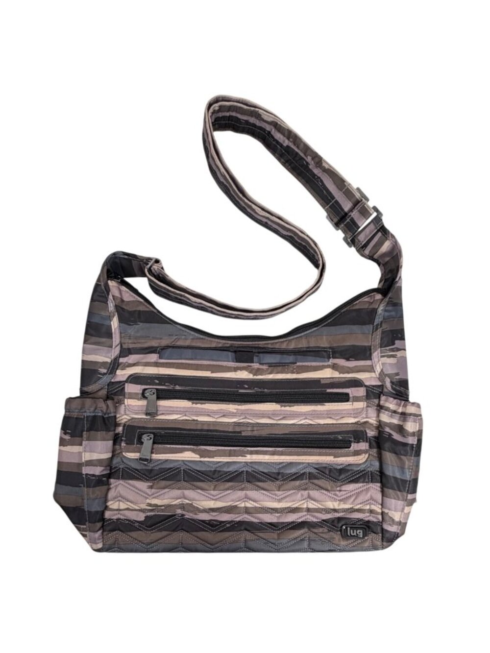 Lug Camper Crossbody Bag Multi-Zip Pockets Adjust Strap Quilted Camo Stripes EUC